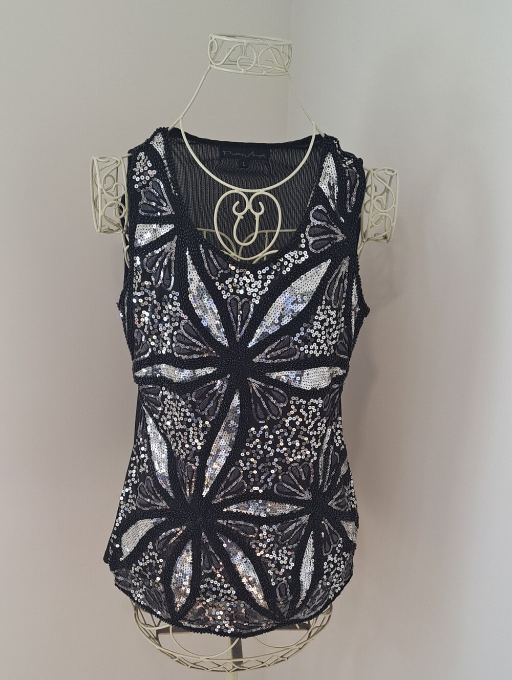 Y2K Pretty Angel Silk Blend Beaded Sequin Mobwife Going Out Fairycore Top, Large